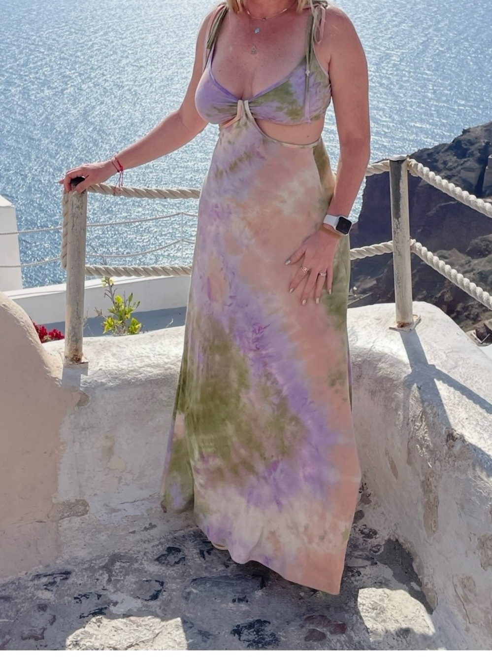Tie-Dye Cutout Maxi Dress in Lavender, Olive & peach